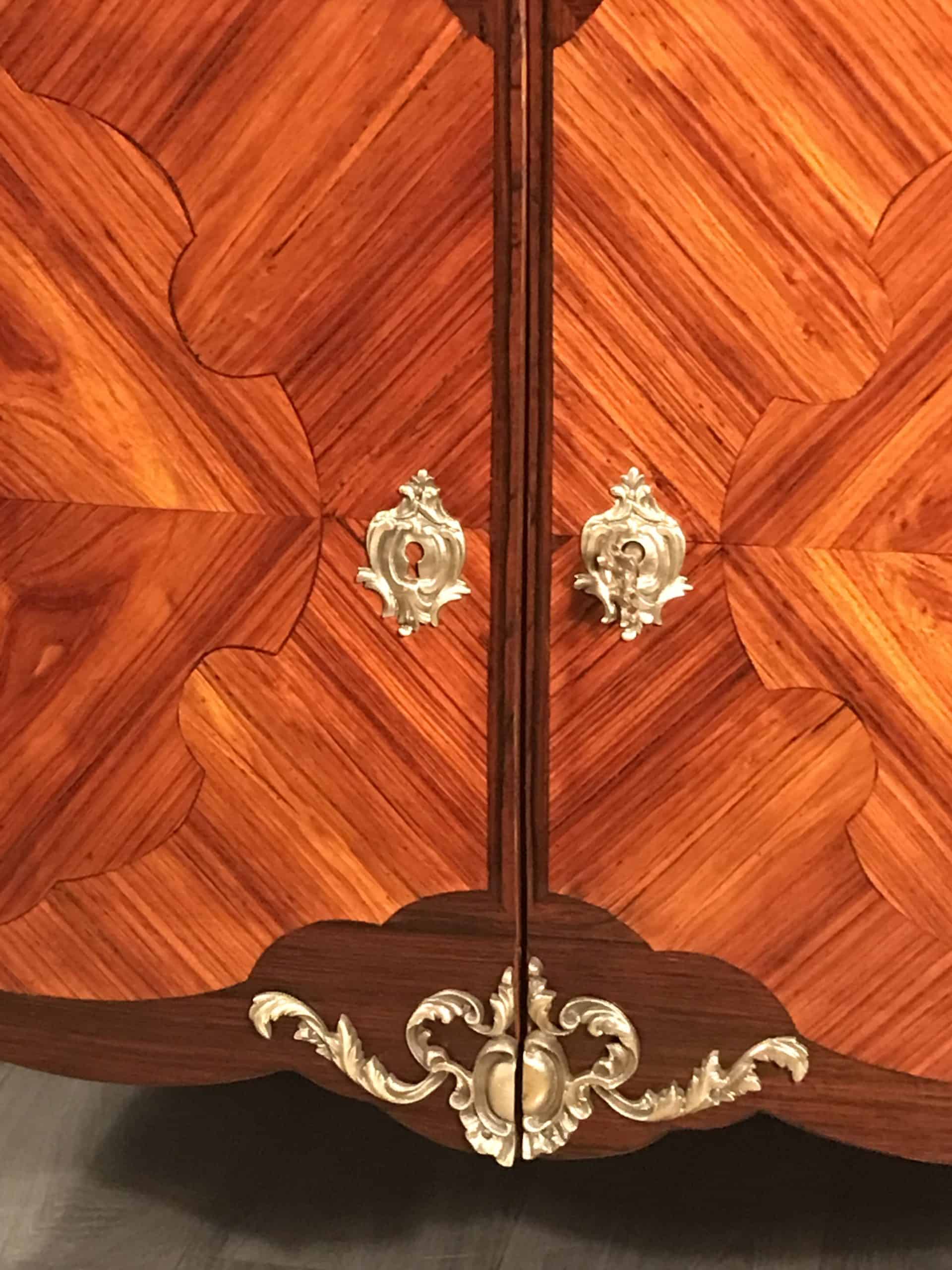 French Louis XV Secretary Desk- detail of the veneer and bronzes on the doors- Styylish