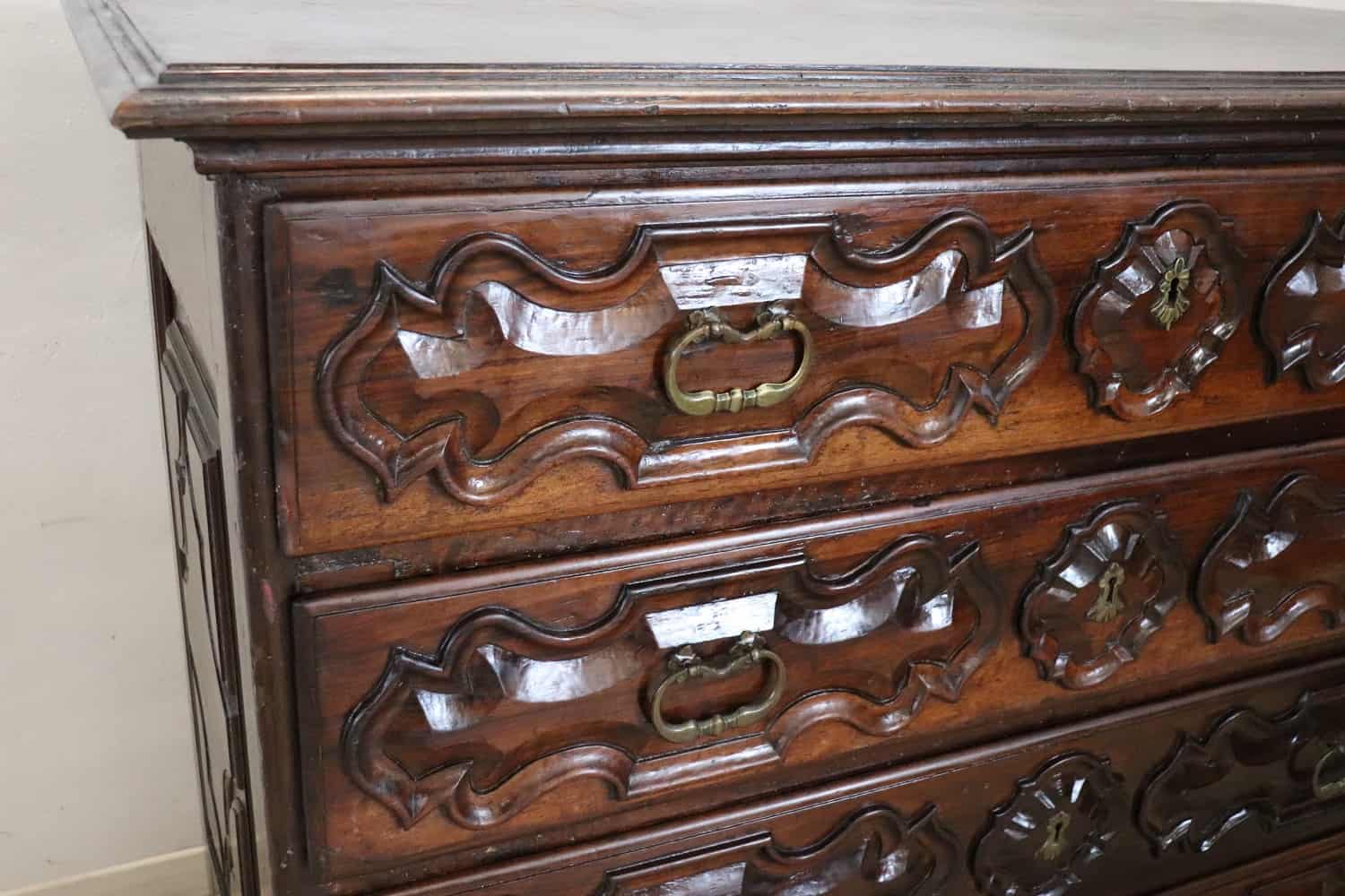 Carved Walnut Antique Commode - Drawer Detail - Styylish