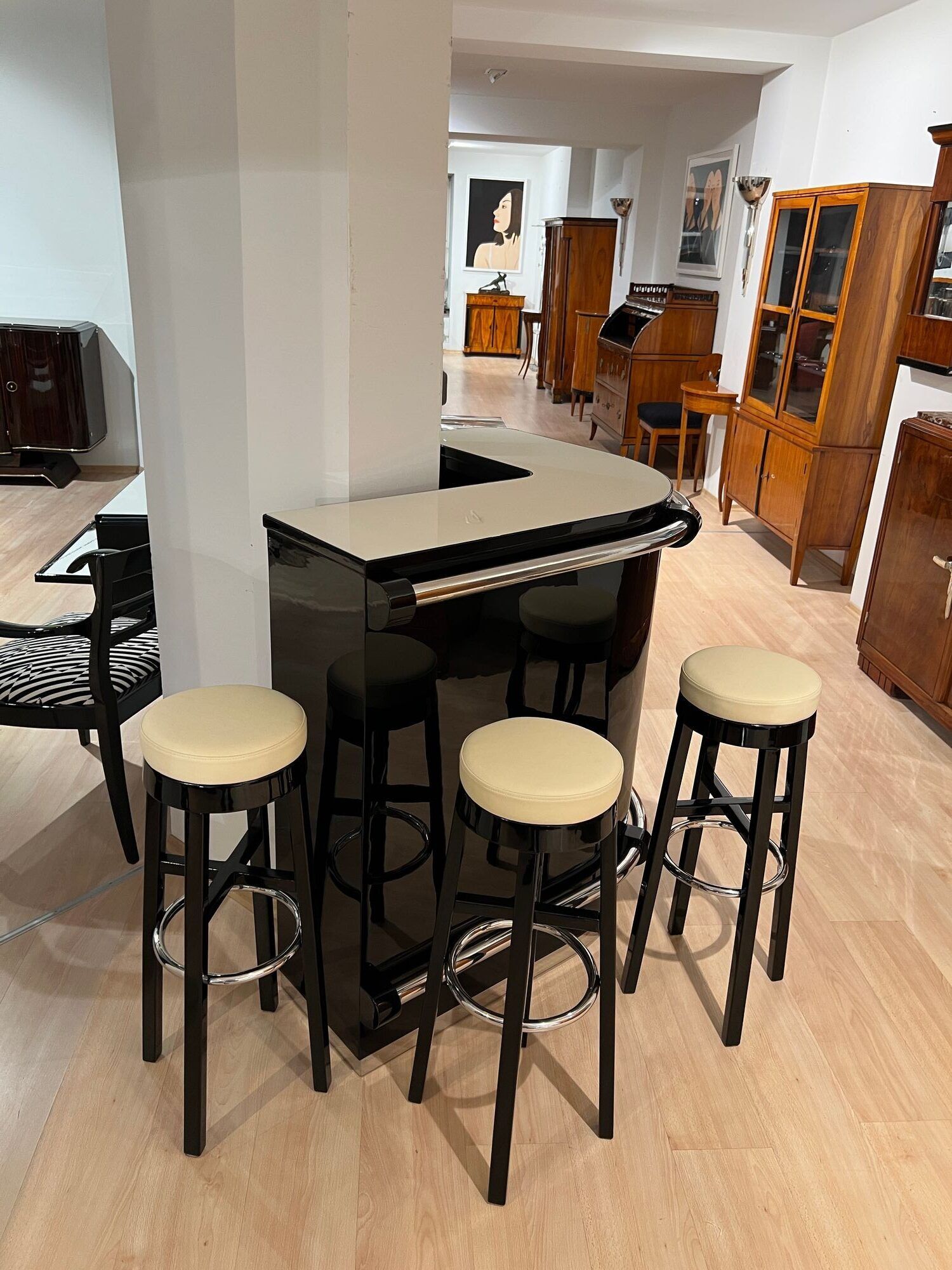 Art Deco Corner Bar with 4 Stools, France circa 1930 - Image 13