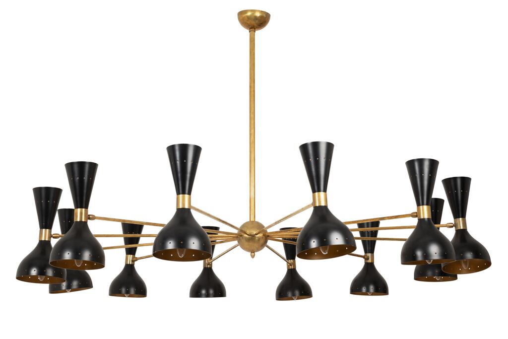 24-Light Diabolo Chandelier in patinated brass and black lacquer - Image 3