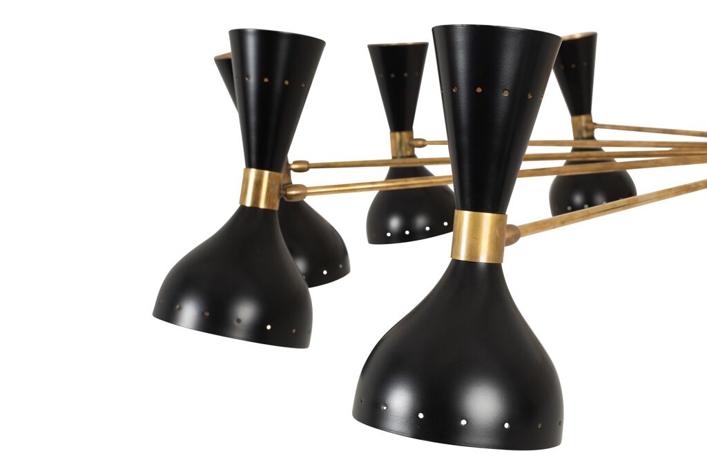 24-Light Diabolo Chandelier in patinated brass and black lacquer - Image 4