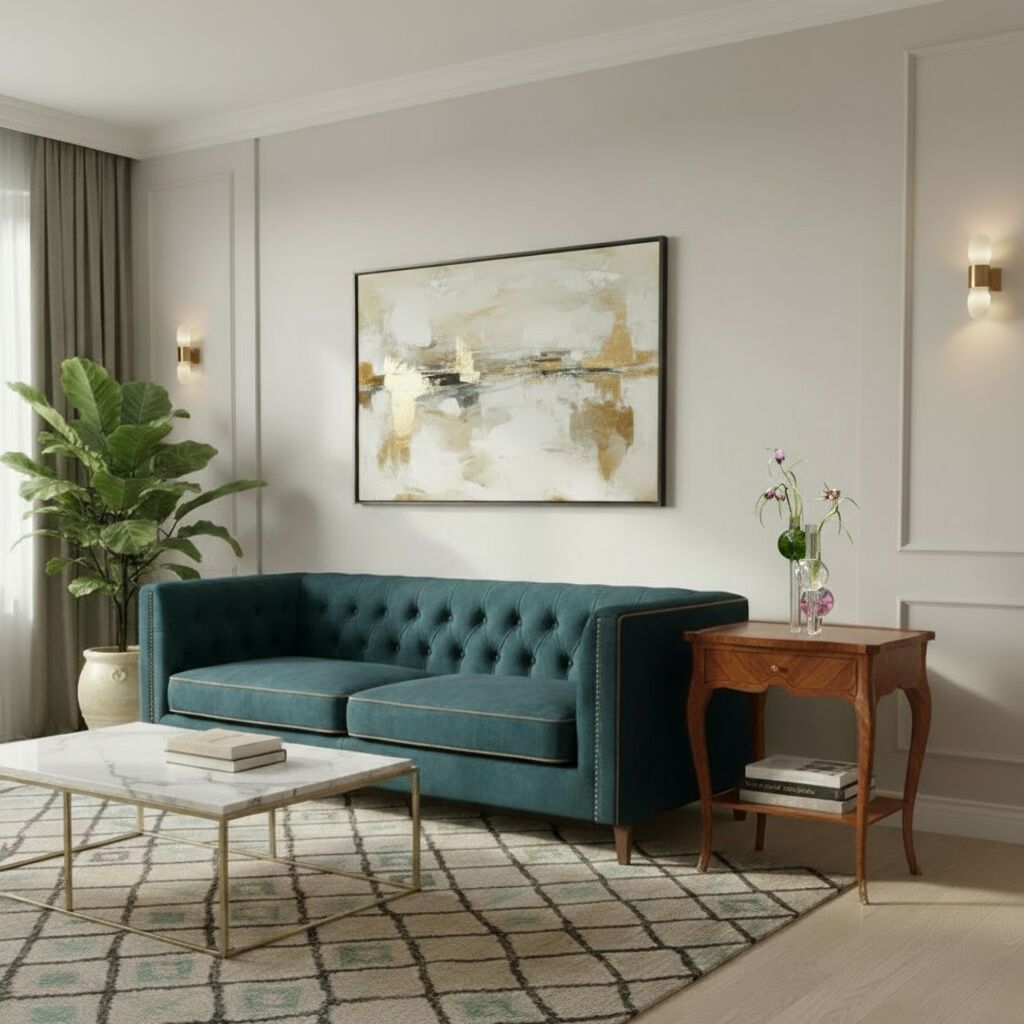 French Louis XV Style side Table used as an end table next to a contemporary sofa- Styylish