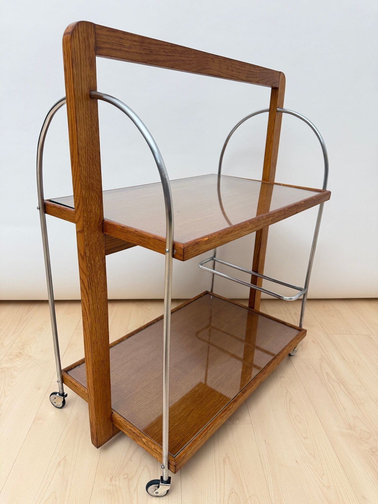 Art Deco Serving Trolley, Oak wood, Chrome and Glass, France circa 1930 - Image 11