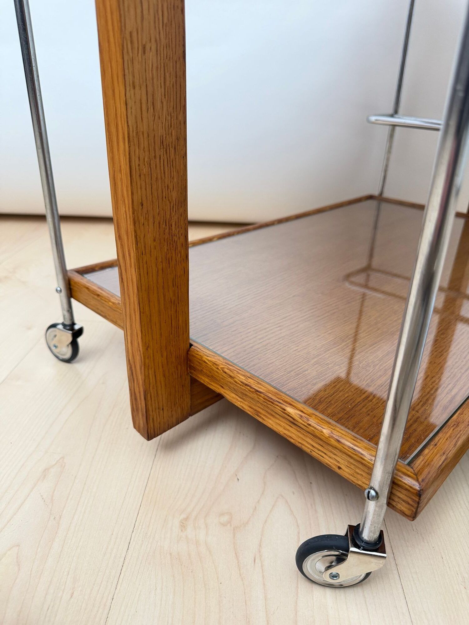 Art Deco Serving Trolley, Oak wood, Chrome and Glass, France circa 1930 - Image 13