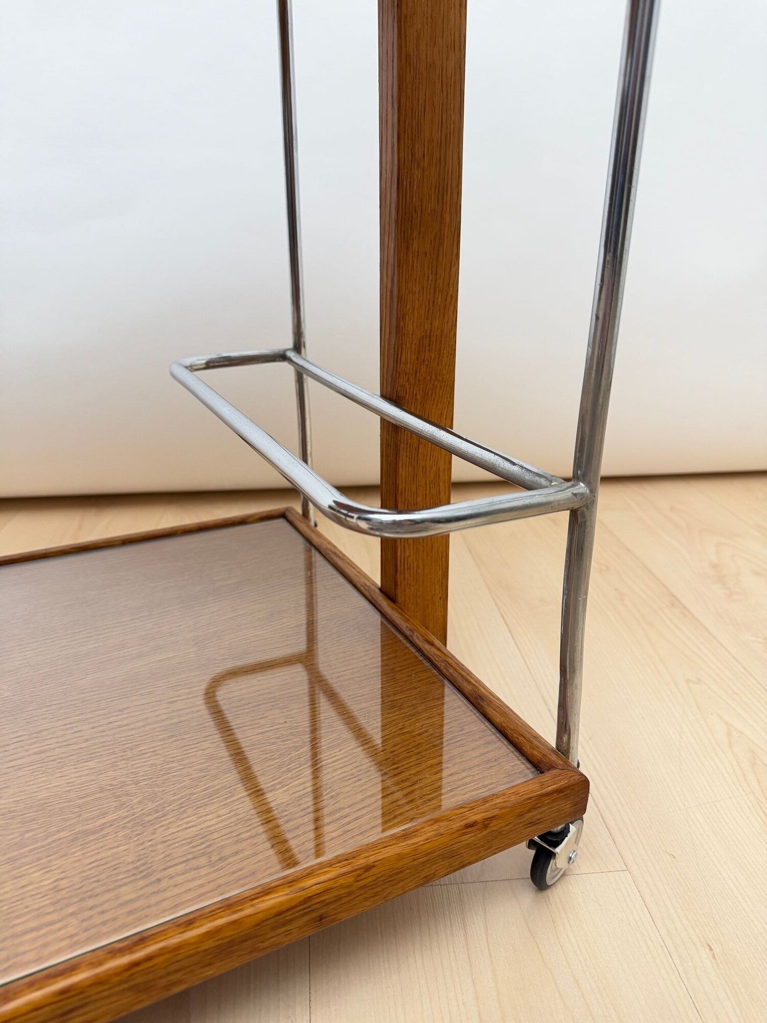 Art Deco Serving Trolley, Oak wood, Chrome and Glass, France circa 1930 - Image 14