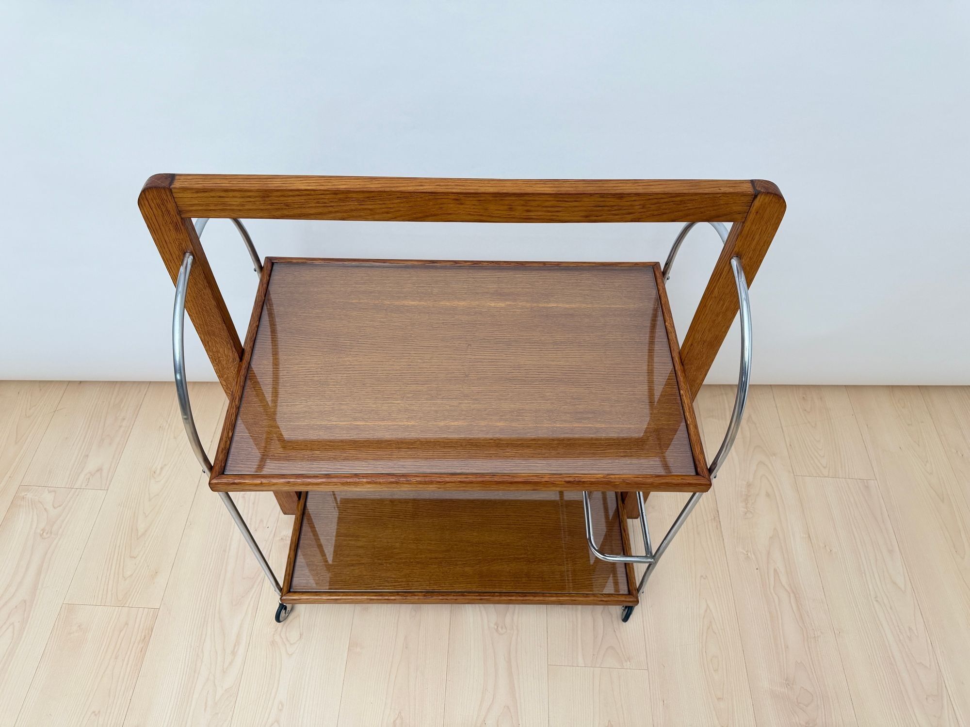 Art Deco Serving Trolley, Oak wood, Chrome and Glass, France circa 1930 - Image 15