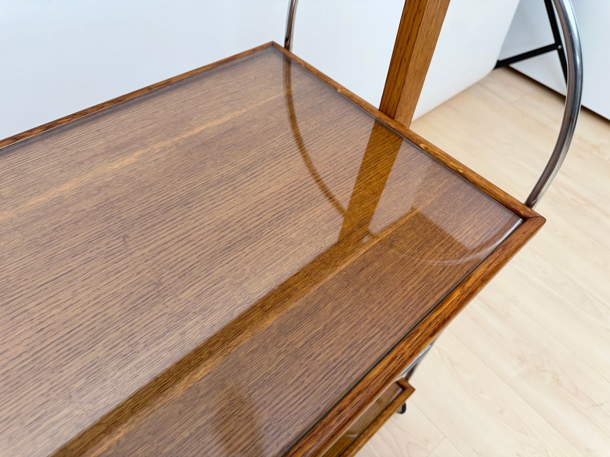 Art Deco Serving Trolley, Oak wood, Chrome and Glass, France circa 1930 - Image 16