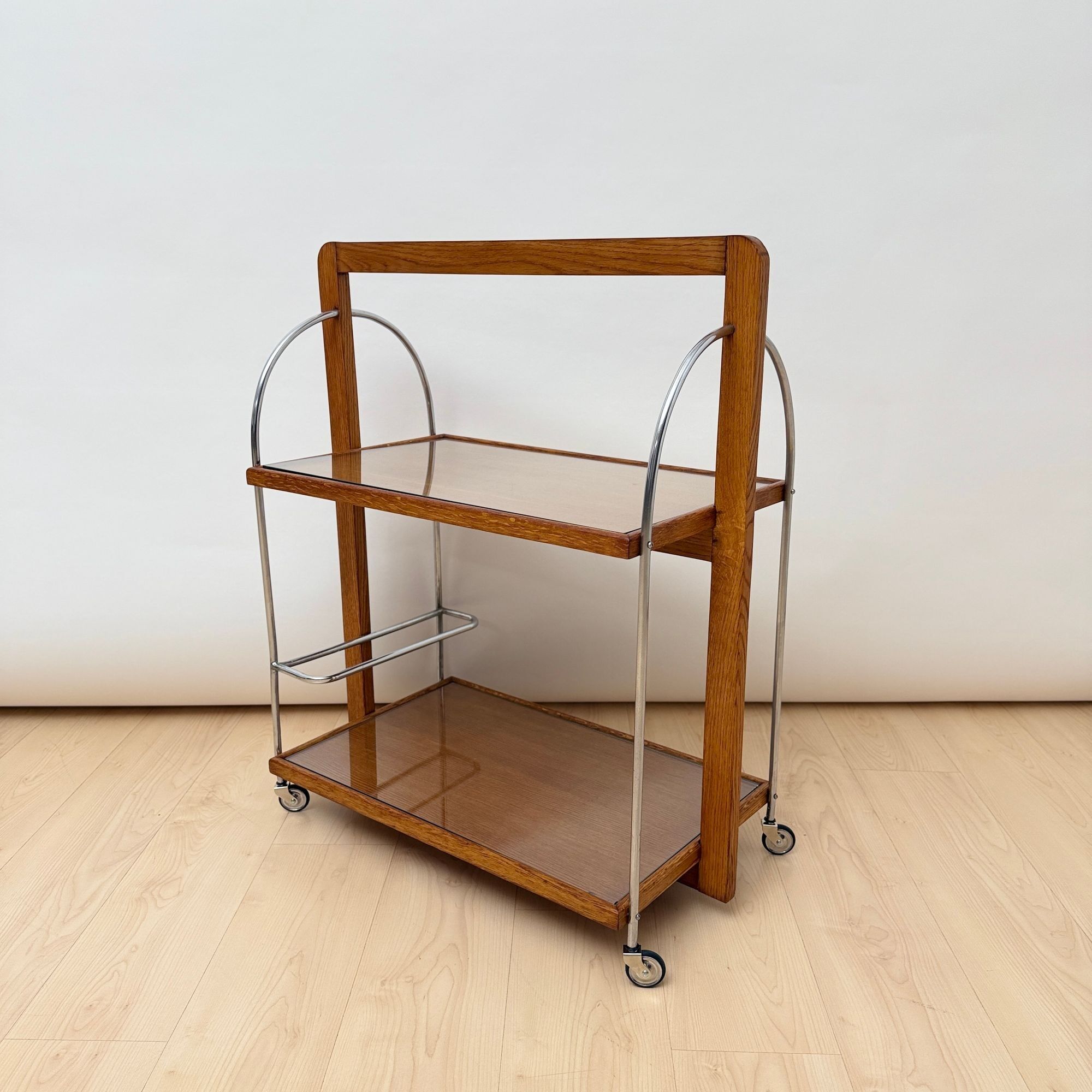 Art Deco Serving Trolley, Oak wood, Chrome and Glass, France circa 1930 - Image 2