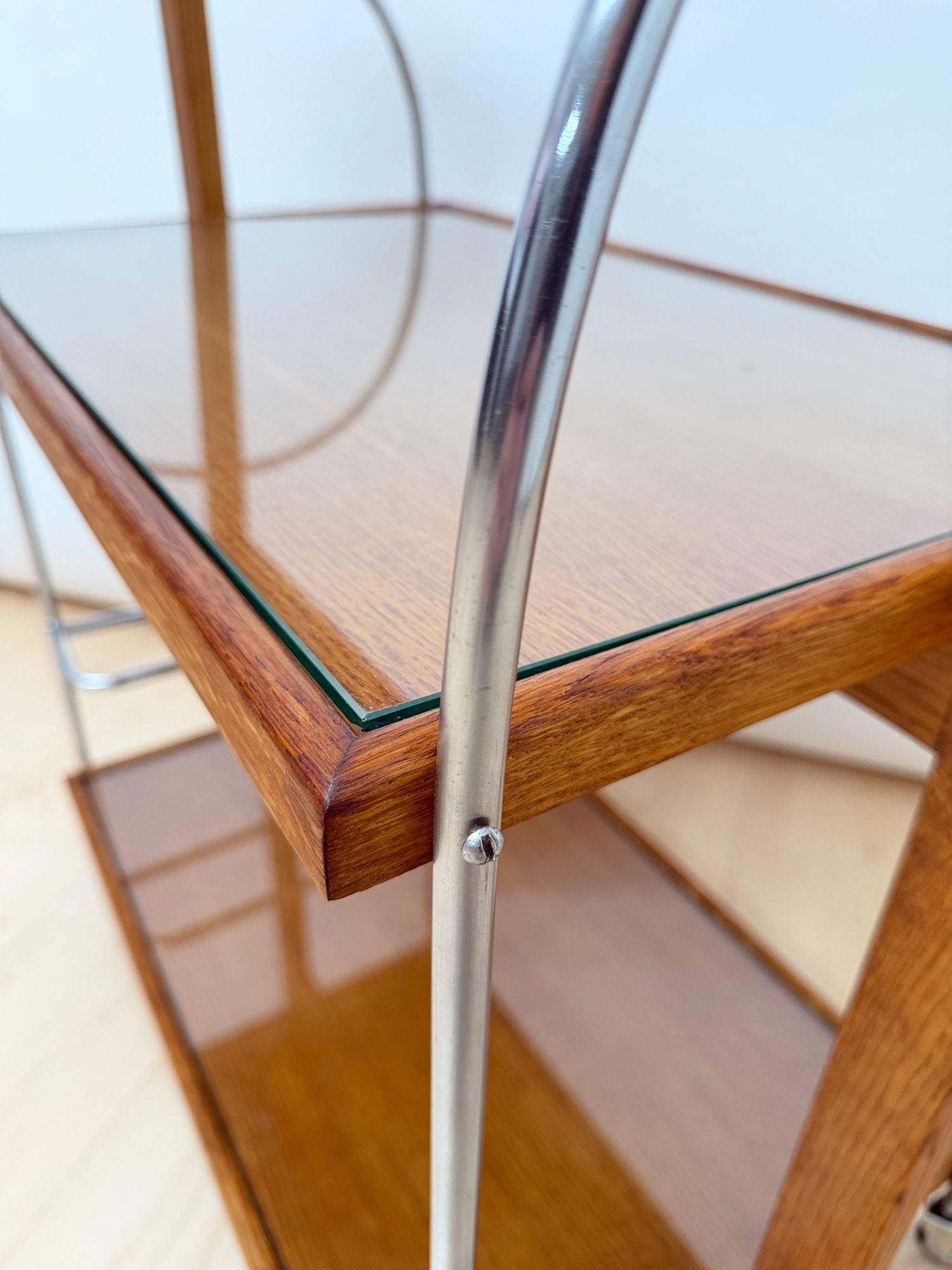 Art Deco Serving Trolley, Oak wood, Chrome and Glass, France circa 1930 - Image 7