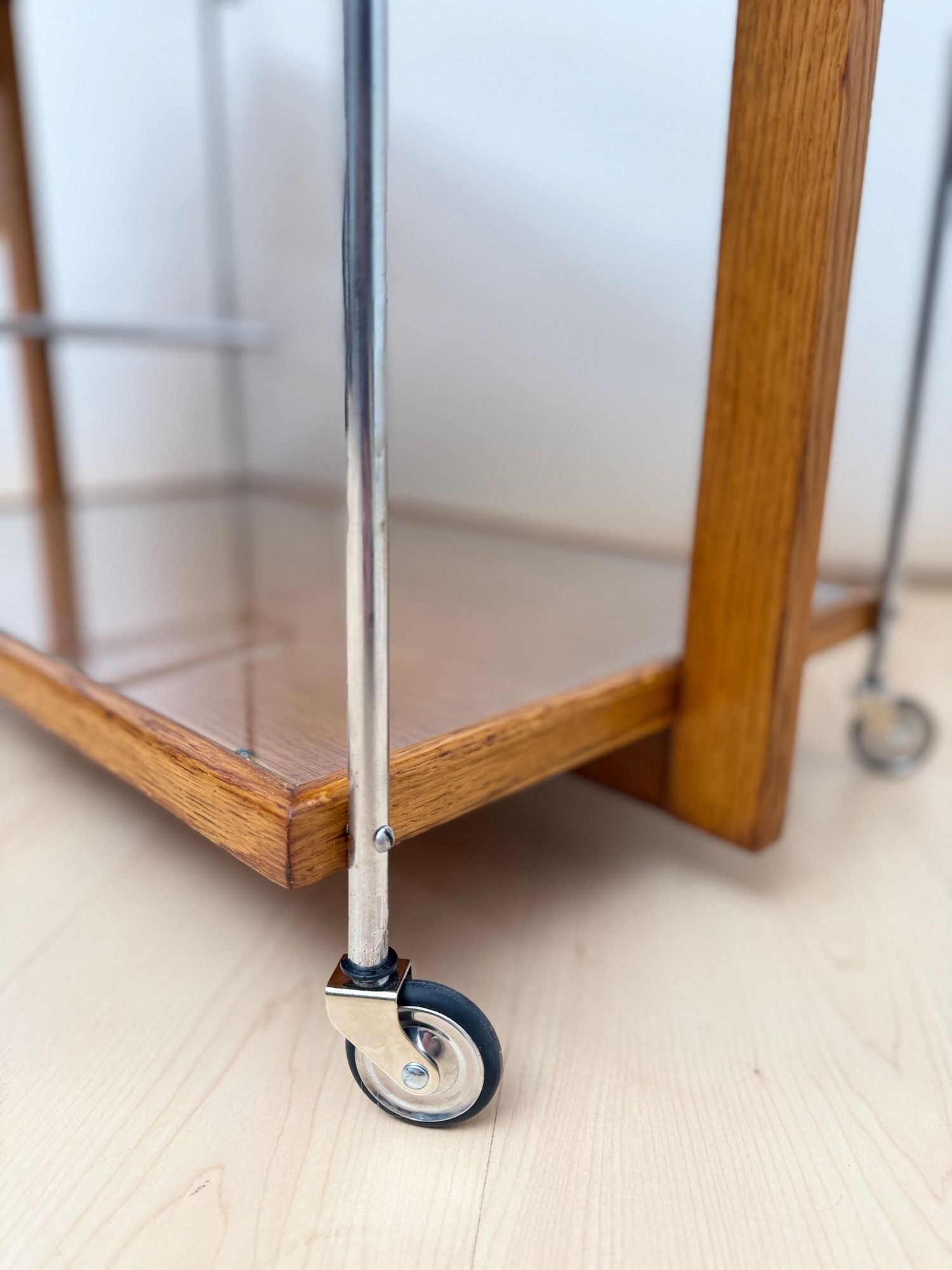 Art Deco Serving Trolley, Oak wood, Chrome and Glass, France circa 1930 - Image 8