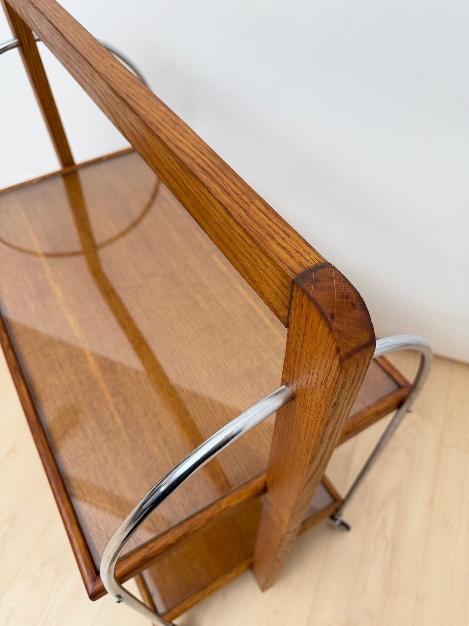 Art Deco Serving Trolley, Oak wood, Chrome and Glass, France circa 1930 - Image 9