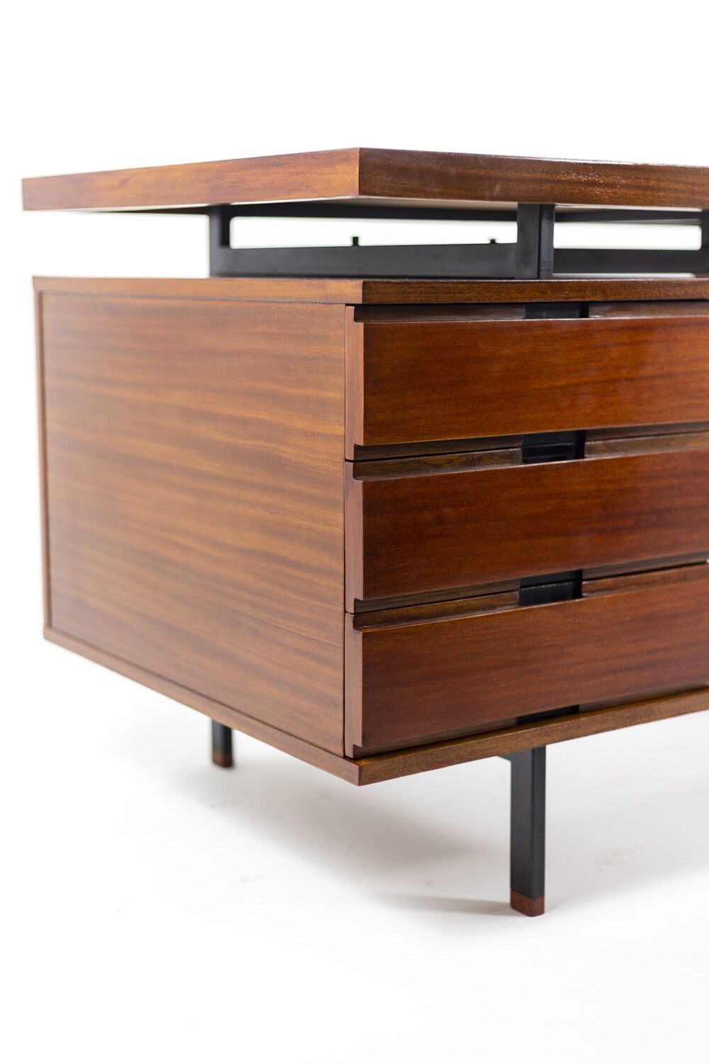 Pierre Guariche Mahogany Desk, Lacquered Metal, 1960s - Image 2