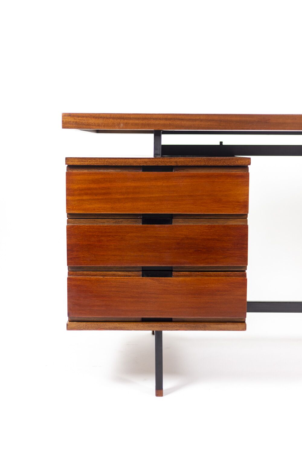Pierre Guariche Mahogany Desk, Lacquered Metal, 1960s - Image 4