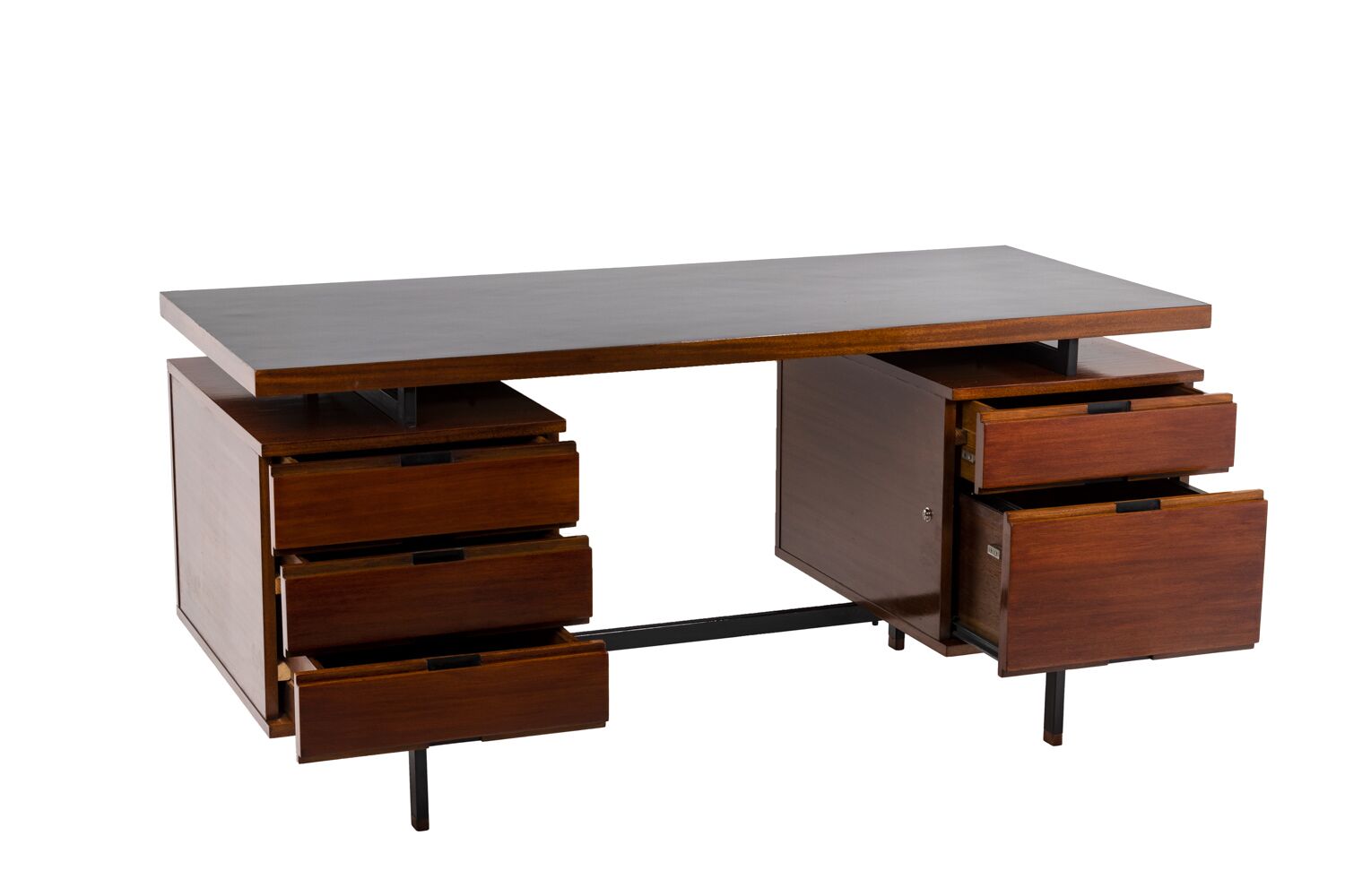 Pierre Guariche Mahogany Desk, Lacquered Metal, 1960s - Image 6