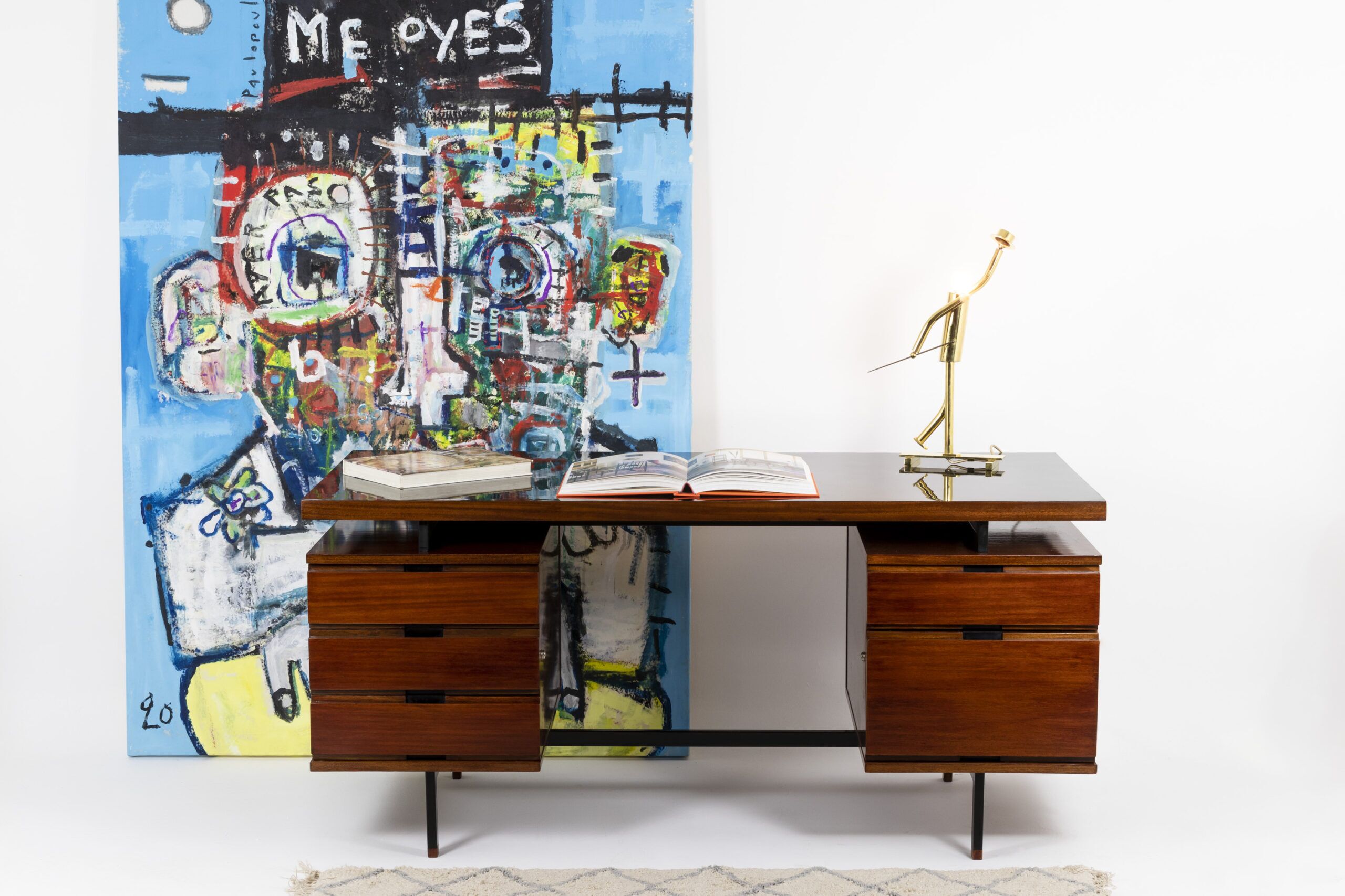 Pierre Guariche Mahogany Desk, Lacquered Metal, 1960s - Image 10